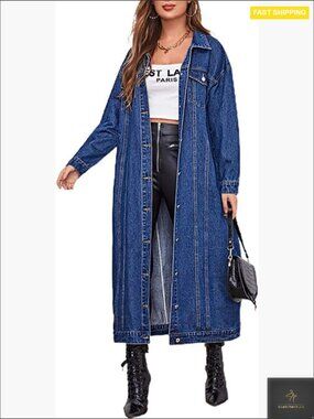 Vintage Denim Trench Coat Long Midi Button Down Classic Chic Spring Jacket
